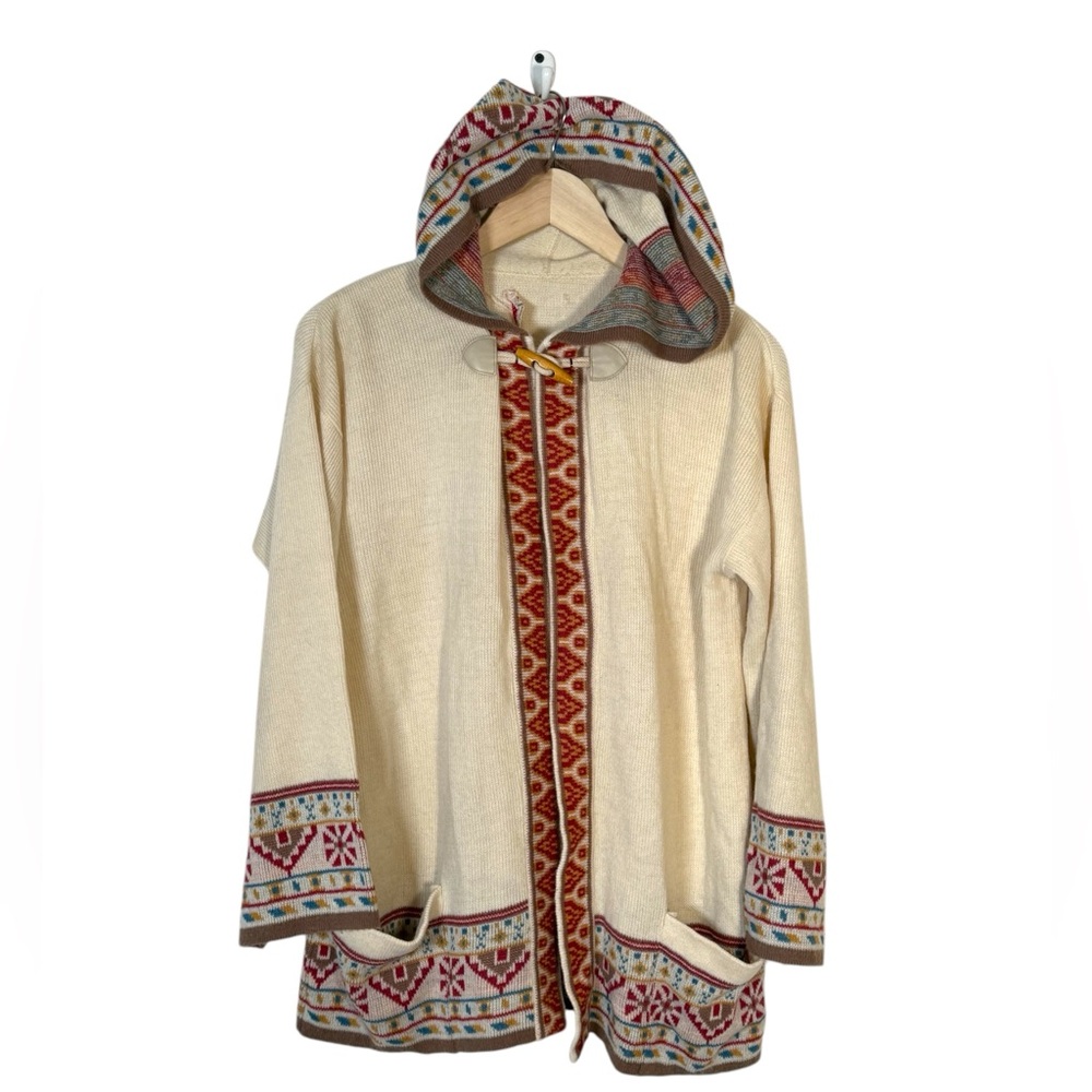 Vintage Key of G Knit Hooded Cardigan Coat Sweater Jacket Boho Folk Made in USA